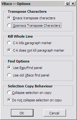 Picture of VBacs Options panel.